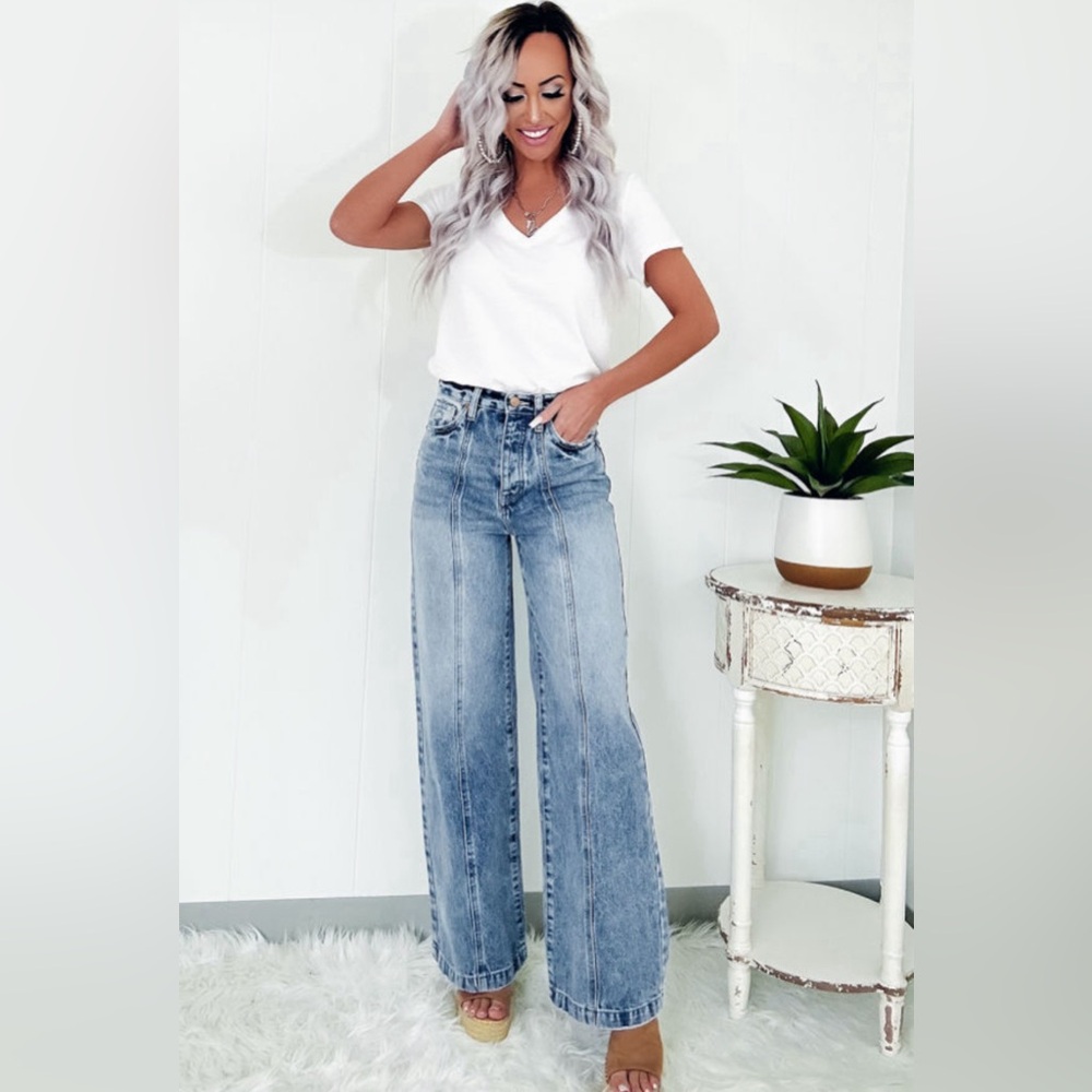 Kenna- blue seamed wide leg high waist jeans - Picture 3 of 4